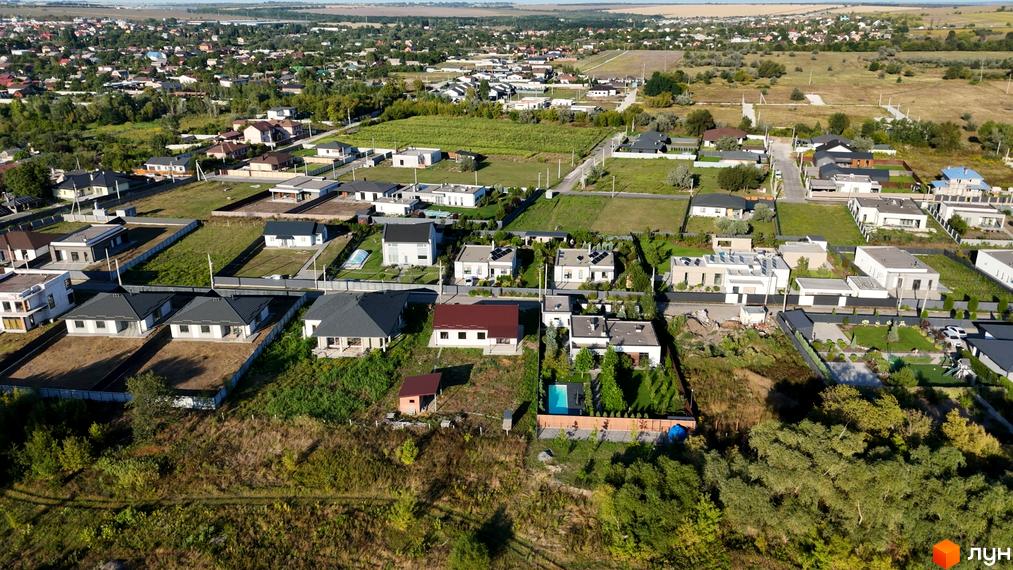 Котеджне містечко Sun Coast: аерофотографія котеджів світлих відтінків з різними дахами. Навколо будинків зелені ділянки, дороги та басейни.