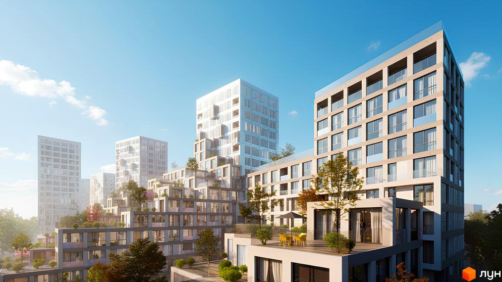 Житловий комплекс OZON HOUSE з багатоповерховими будинками та терасами, що потопають у зелені. На території облаштовані зони відпочинку з жовтими меблями.