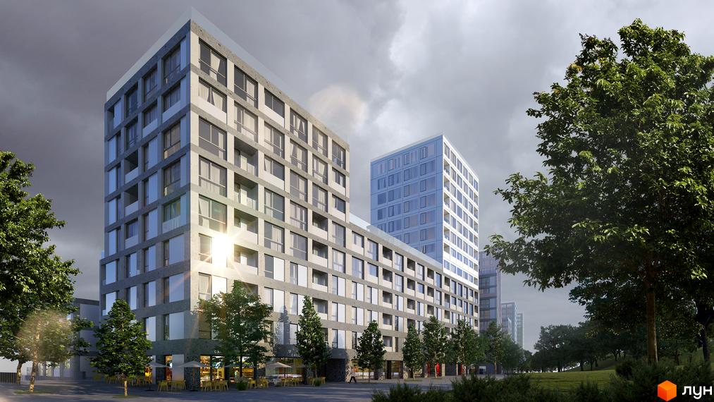 Житловий комплекс OZON HOUSE з багатоповерховими будинками та прибудинковою територією з деревами та зонами відпочинку.