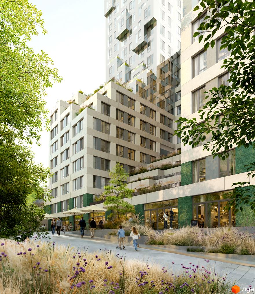 Житловий комплекс OZON HOUSE з терасами та зеленню, прибудинкова територія з пішохідною зоною та кафе.