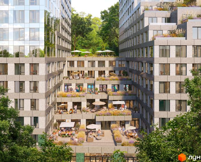 Житловий комплекс OZON HOUSE з терасами та зеленою прибудинковою територією. Багаторівневі тераси з місцями для відпочинку та рослинністю.