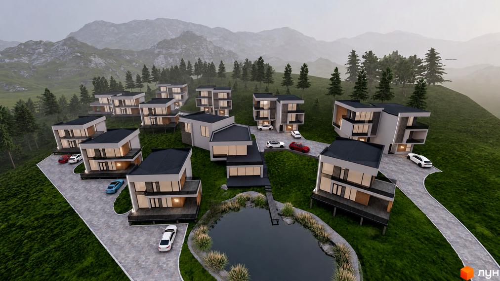 Котеджне містечко КМ Crocus Village: сучасні будинки на схилі гори біля озера. Навколо зелені насадження та гірський пейзаж.