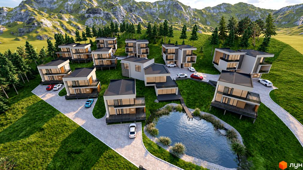 Котеджне містечко Crocus Village: двоповерхові будинки з панорамними вікнами навколо ставка.