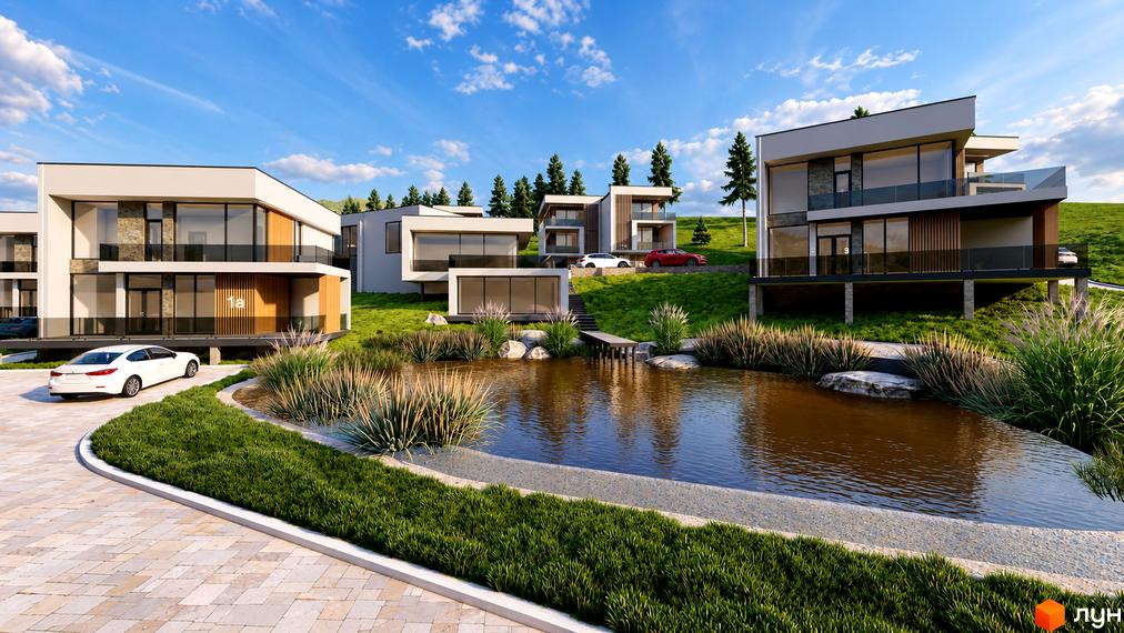 Двоповерхові котеджі з панорамними вікнами у Котеджному містечку Crocus Village. На території є ставок, зелені пагорби та доріжки.