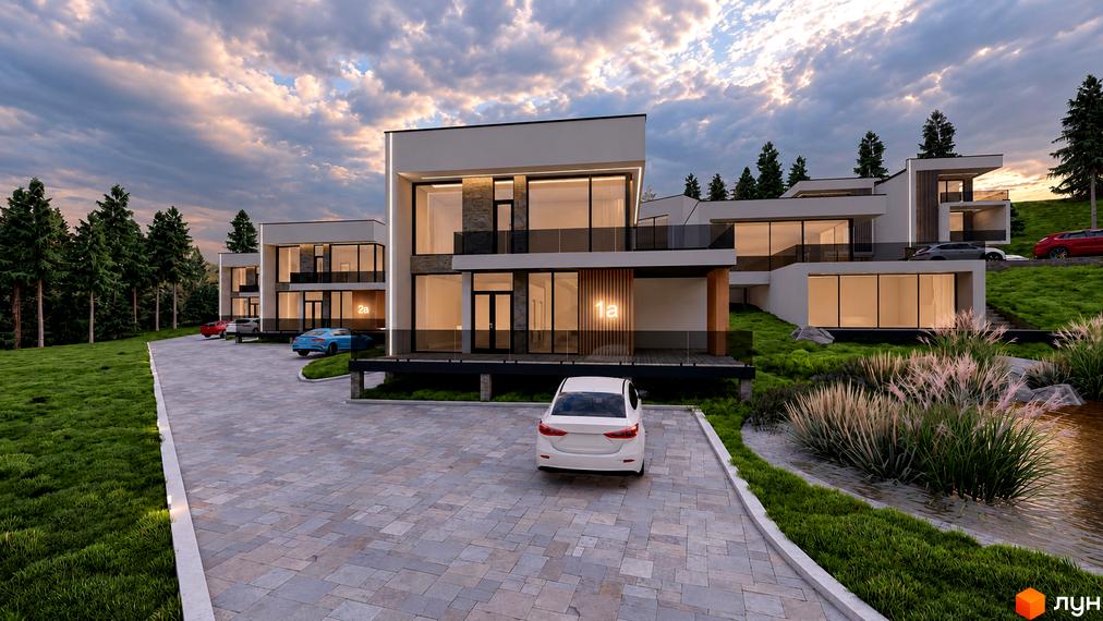 Двоповерхові будинки КМ Crocus Village з панорамними вікнами, терасами та брукованим під'їздом із припаркованими авто.