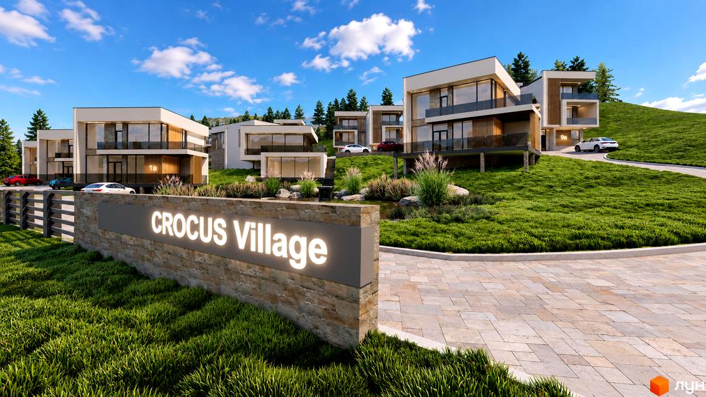 Котеджне містечко Crocus Village: двоповерхові будинки з панорамними вікнами на зеленому схилі з благоустроєм та під'їзною дорогою.