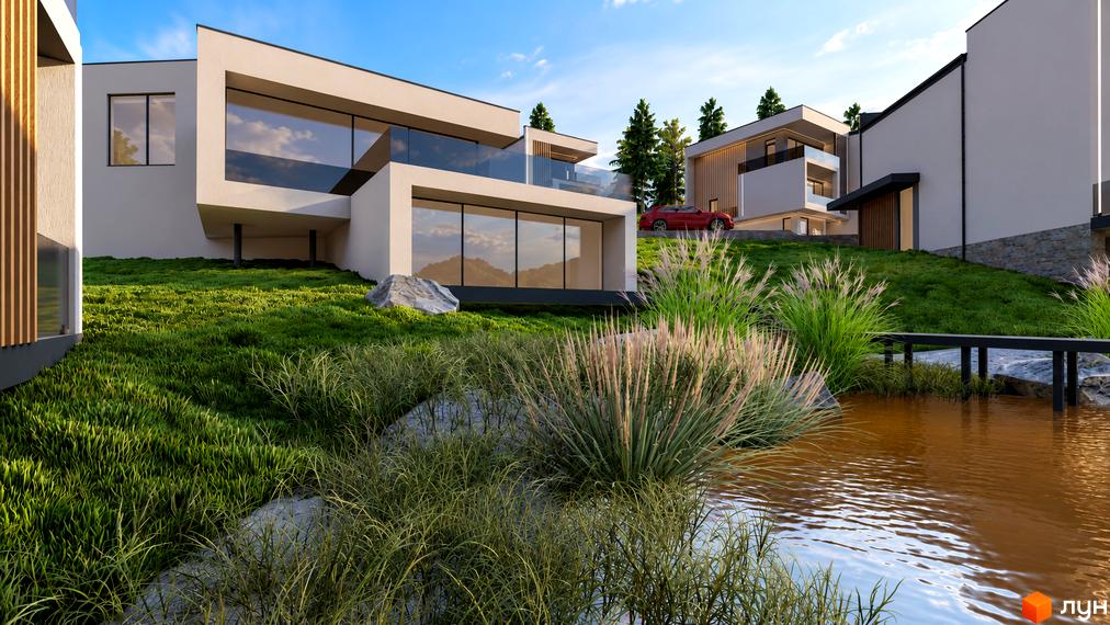 Котеджне містечко Crocus Village: двоповерхові будинки з панорамними вікнами та балконами на тлі ставка і зеленого схилу.