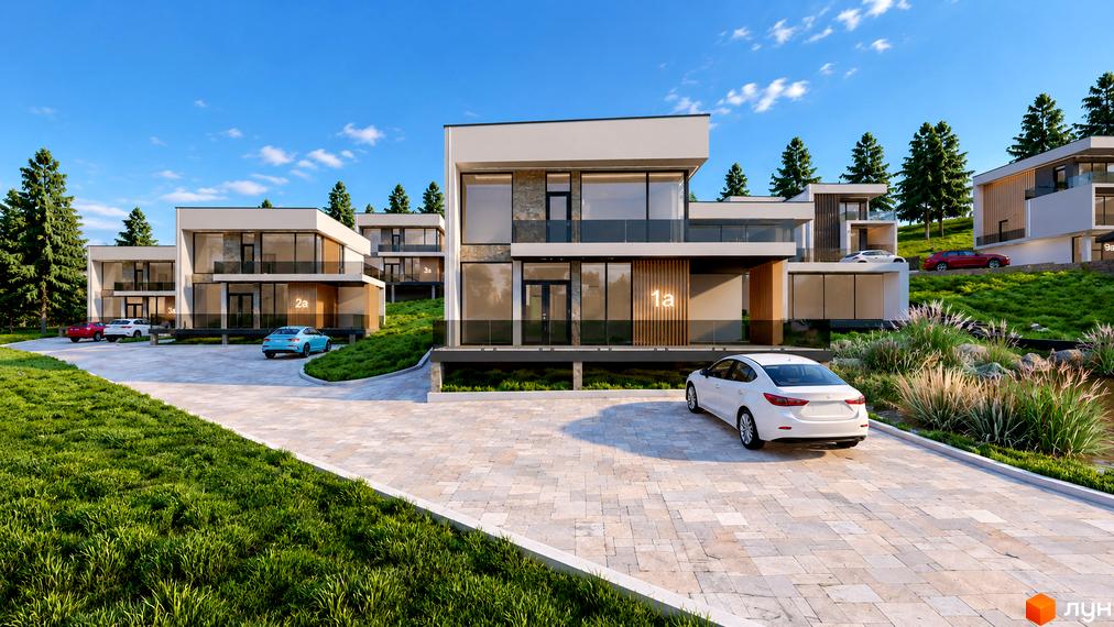 Двоповерховий котедж з панорамними вікнами та балконом на території КМ Crocus Village, біля будинку припарковано білий автомобіль.