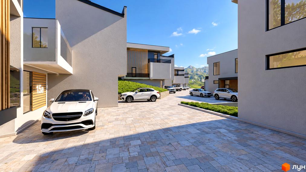 Котеджне містечко Crocus Village: фасад двоповерхового білого будинку з панорамними вікнами та парковкою для авто на бруківці.