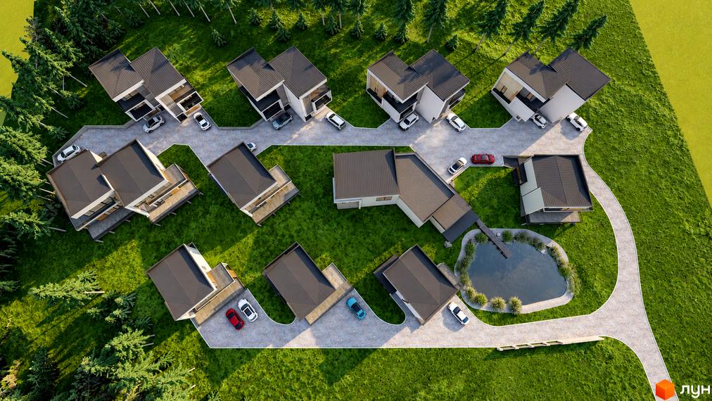 Котеджне містечко Crocus Village: двоповерхові будинки з темними дахами, власними парковками та озерцем.