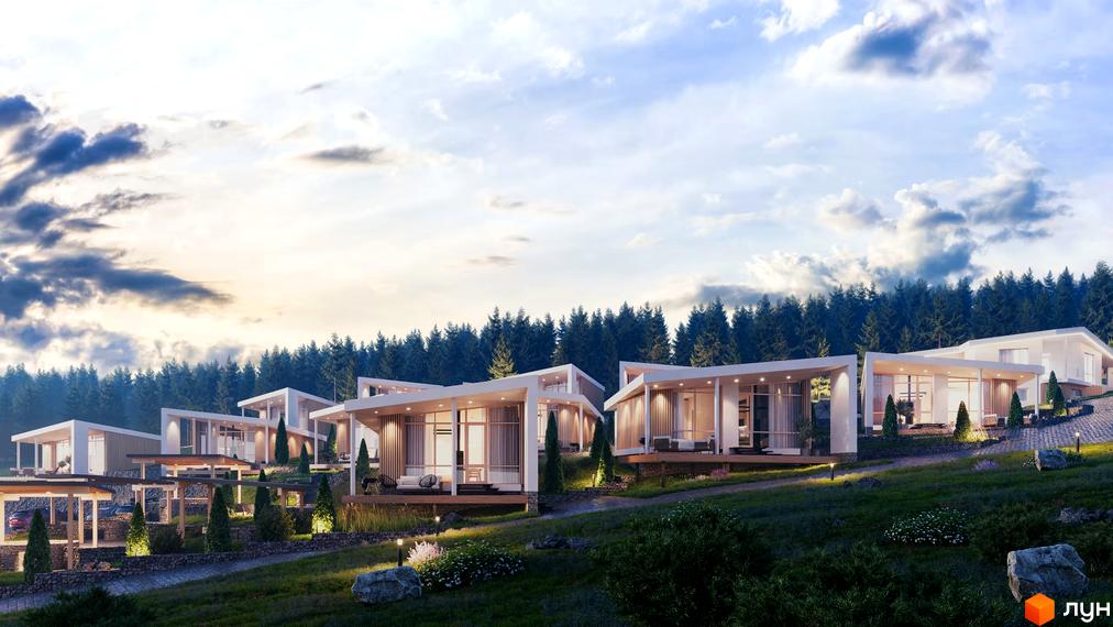 Котеджне містечко YAKO Villas: панорамні будинки з терасами на тлі лісу та облаштована прибудинкова територія.
