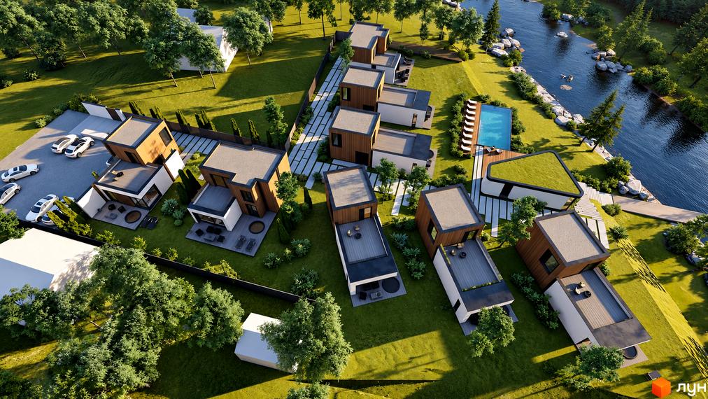 Котеджне містечко КМ LEVADA Pool deLuxe HOME and RESIDENCE з дерев'яними та білими фасадами, басейном і доріжками біля річки.