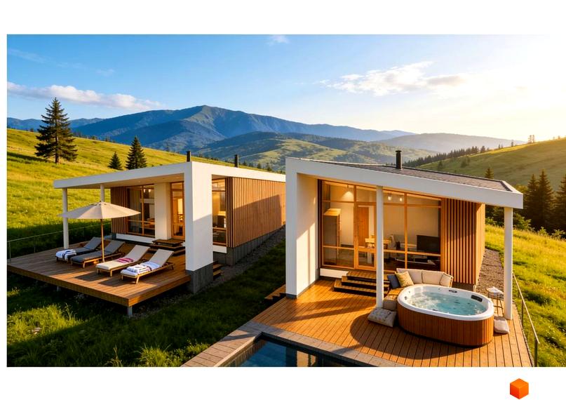 Котеджне містечко YAKO Villas у Карпатах: дерев'яно-білі будинки з терасами, басейном та джакузі на фоні гір.