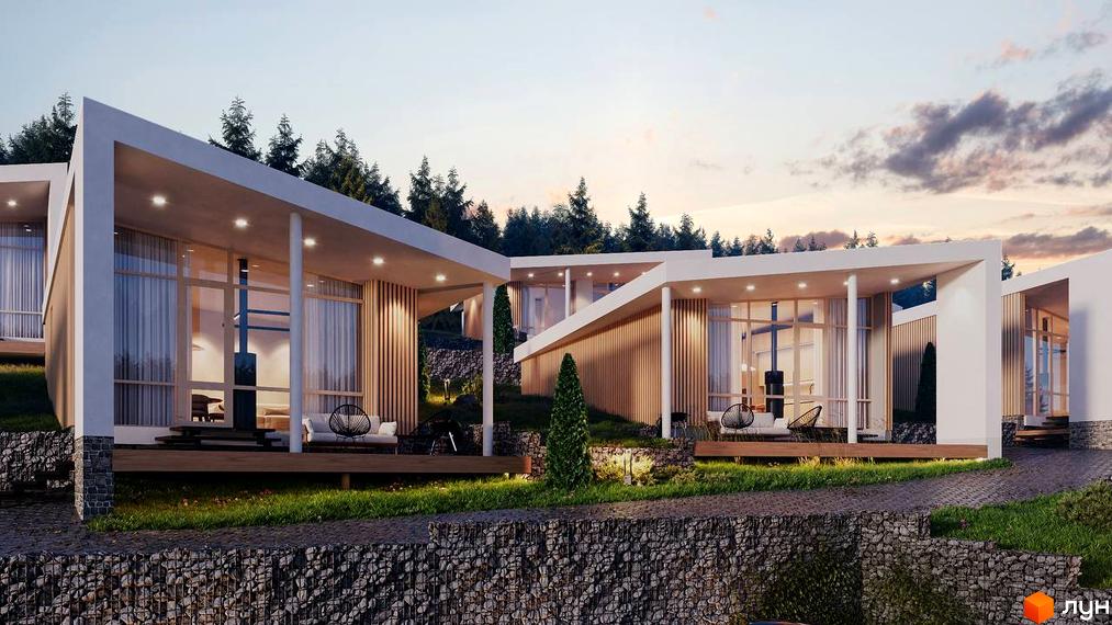 Котеджне містечко YAKO Villas: одноповерхові будинки з панорамними вікнами та дерев'яними терасами на схилі серед лісу.