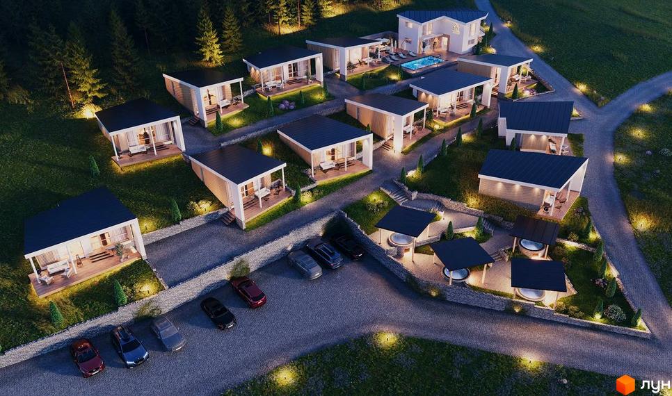 Котеджне містечко КМ YAKO Villas: одноповерхові будинки з терасами, освітлені доріжки та парковка біля лісу.