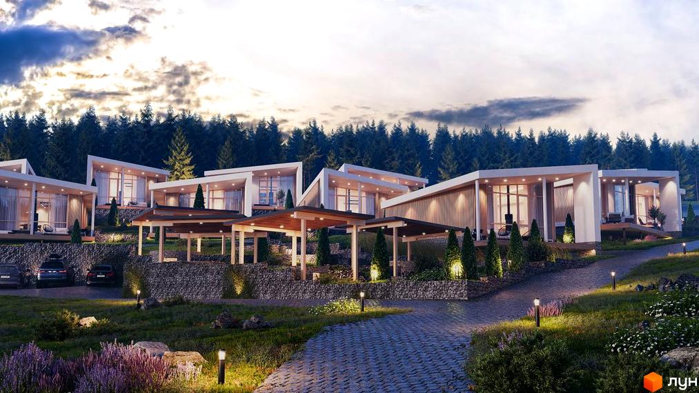 Котеджне містечко YAKO Villas: одноповерхові будинки з панорамними вікнами та відкритими терасами серед лісу на схилі пагорба.