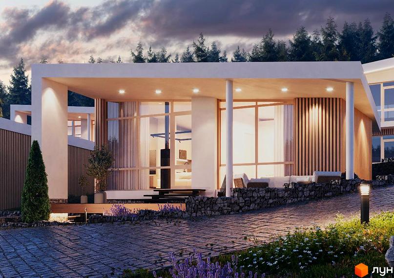 Котеджне містечко YAKO Villas: одноповерховий будинок з панорамними вікнами та кам'яною огорожею біля бруківки.