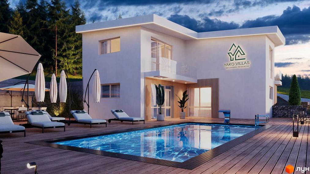 Білий двоповерховий будинок КМ YAKO Villas з балконом біля басейну та шезлонгами.