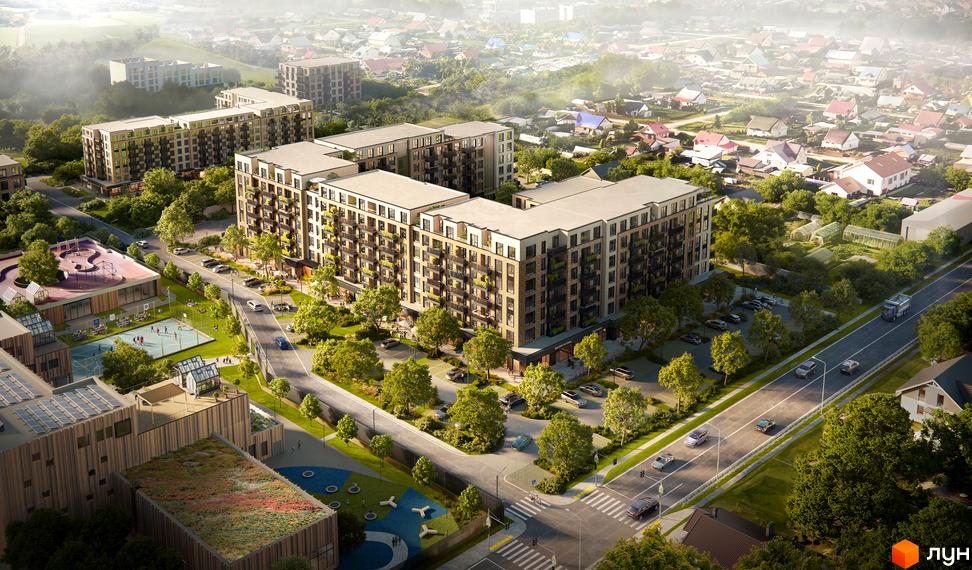 Житловий комплекс Family Park з балконами на фасаді, оточений парковкою, деревами та дитячим майданчиком.