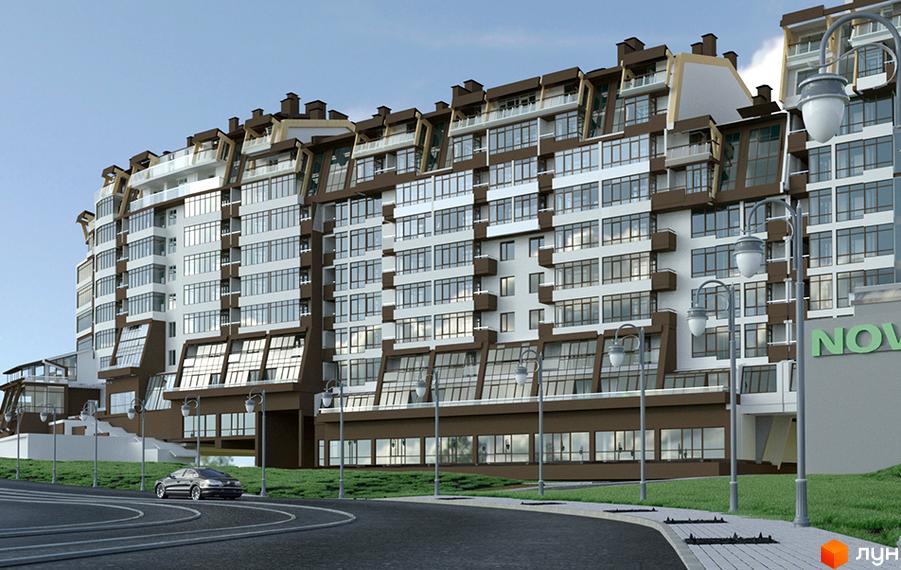 Зображення фасаду та прибудинкової території Житлового комплексу Львівський квартал. Багатоповерхова будівля з великою кількістю вікон.