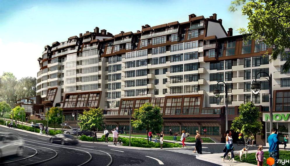 Зображення фасаду та прибудинкової території Житлового комплексу Львівський квартал. Багатоповерховий будинок з великими вікнами та зеленими насадженнями.