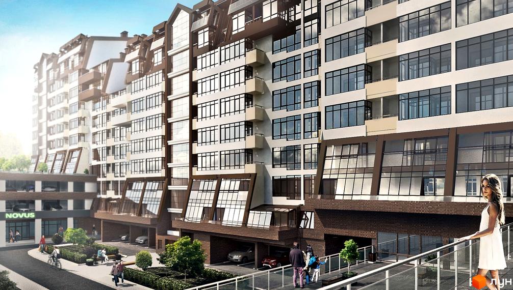 Житловий комплекс Львівський квартал: багатоповерховий будинок з великими вікнами та балконами. Прибудинкова територія має зелені насадження та комерційні приміщення.