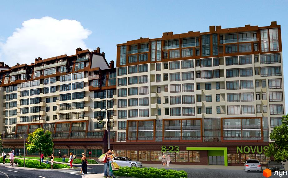 Зображення фасаду та прибудинкової території Новобудови Львівський квартал. Багатоповерховий будинок з великими вікнами, поруч пішохідний перехід та люди.