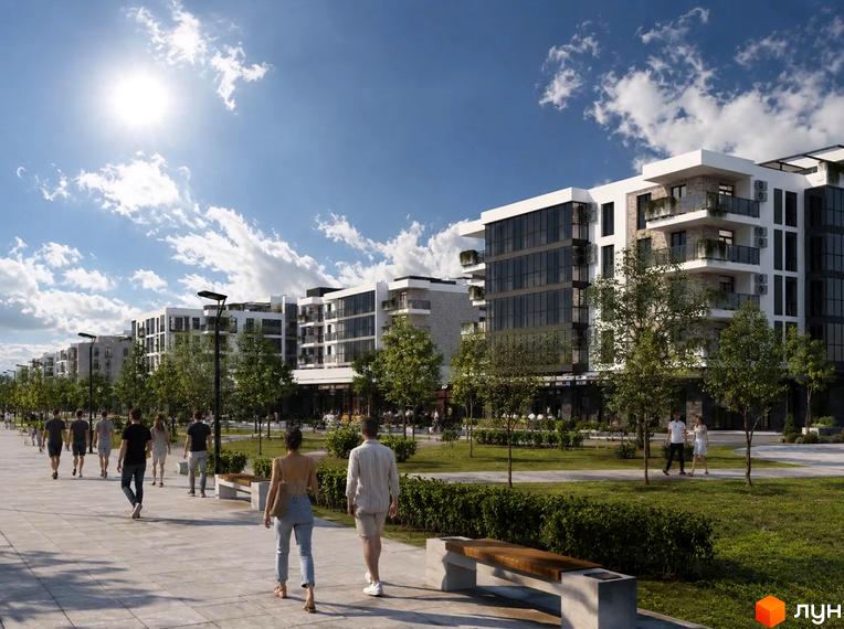 Житловий комплекс River Park з панорамними вікнами та просторою зеленою алеєю з деревами і пішохідними доріжками.