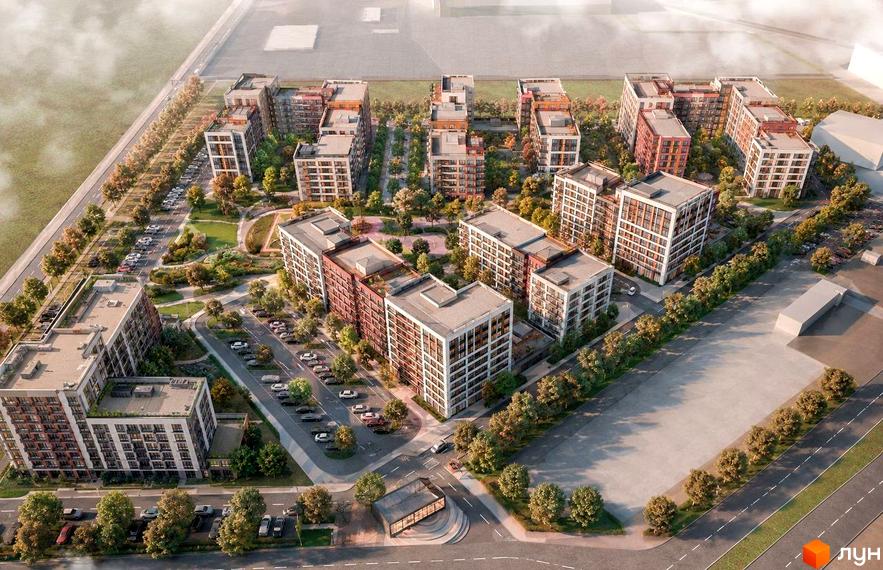 Зовнішній вигляд секцій новобудови Kodium Kvartal та облаштована прибудинкова територія з паркінгом і зонами відпочинку.