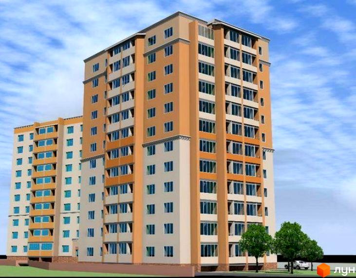 Зображення багатоповерхового будинку Житловий комплекс Зоряний з великою кількістю вікон. Навколо будинку зелені дерева та доглянута територія.