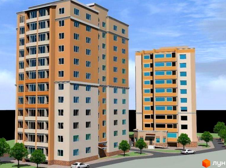 Зображення фасаду та прибудинкової території Житлового комплексу Зоряний. Висотні будинки з великою кількістю вікон та зелені насадження навколо.