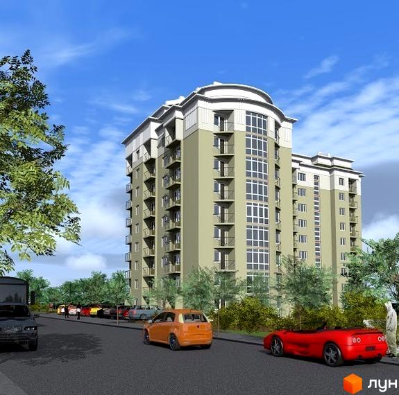 Зображення фасаду Житлового комплексу Оберіг, багатоповерховий будинок з балконами. На передньому плані дорога з автомобілями.