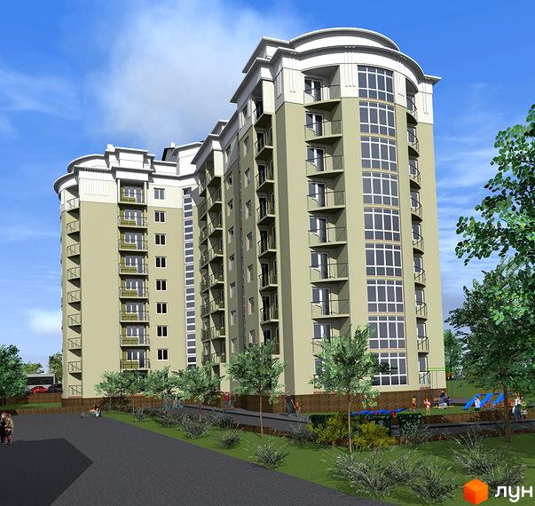 Зображення фасаду та прибудинкової території Житлового комплексу Оберіг. Високий будинок з балконами та дитячим майданчиком.