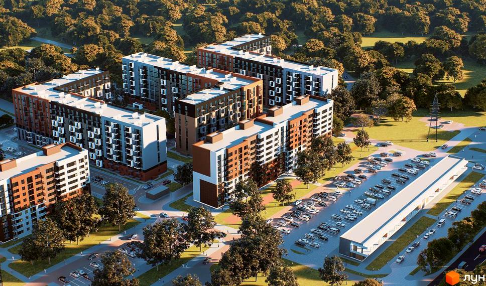 Житловий комплекс Перший квартал: багатоповерхові будинки з цегляними та білими фасадами, парковка та зелена зона.