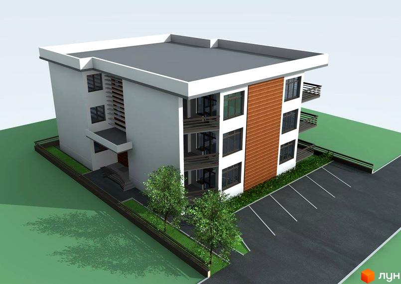 Зображення триповерхового будинку Житлового комплексу Престиж з парковкою та зеленими насадженнями. Архітектура будівлі з балконами та дерев'яними вставками.