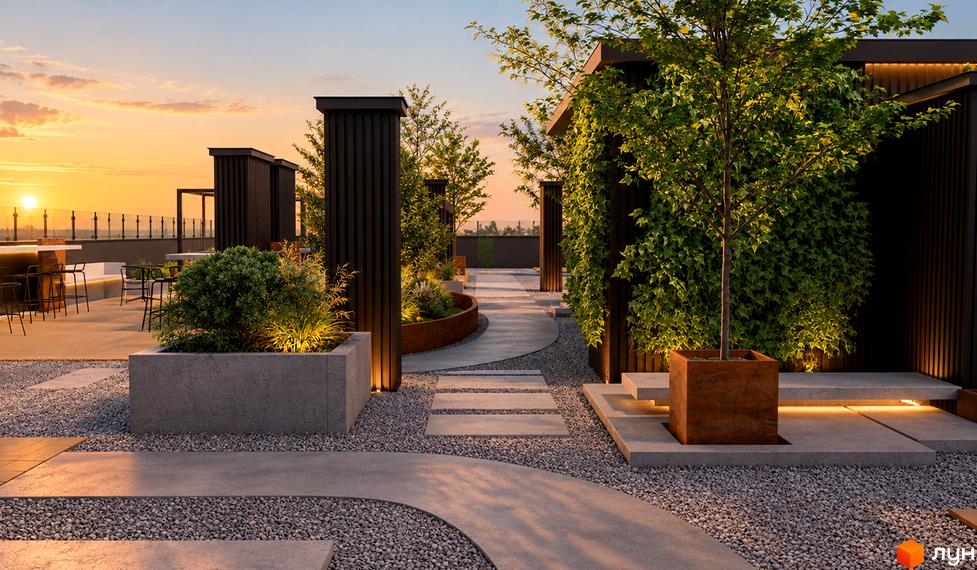 Архітектура житлового комплексу SKYGARDEN із терасою на даху та ландшафтним дизайном з деревами й доріжками.