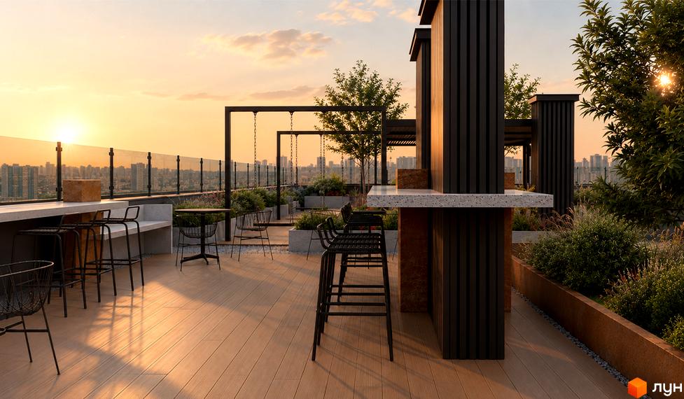 Тераса на даху новобудови ЖК SKYGARDEN з лаунж-зоною, барними стійками та зефірними насадженнями на фоні панорами міста.