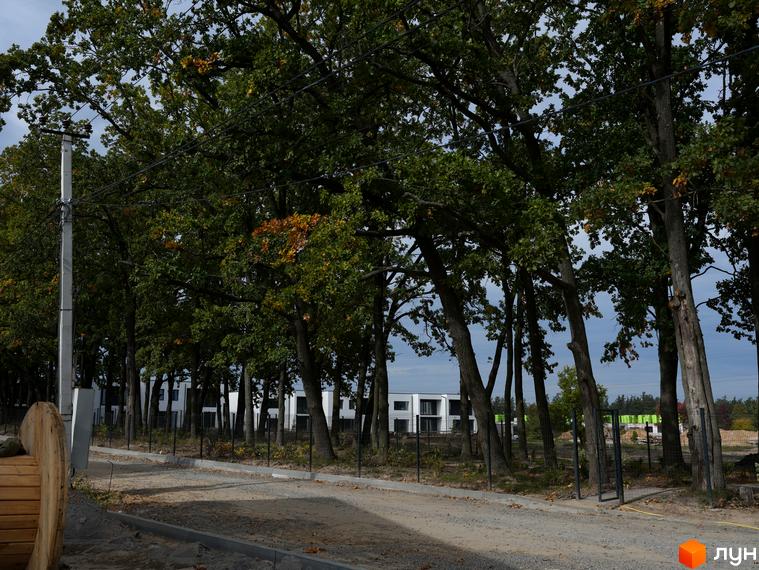 Котеджне містечко TARASIVKA FORREST з білими будинками біля лісу.