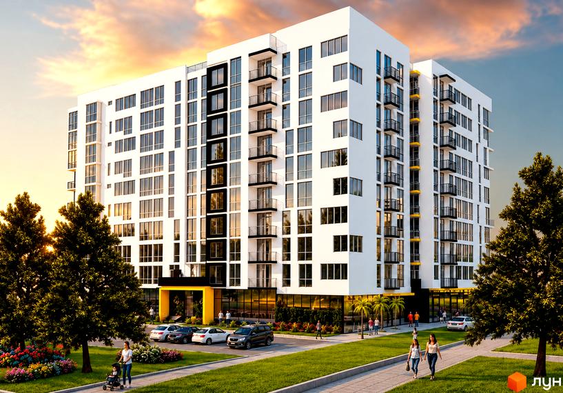 Архітектура новобудови GOLDEN CITY з балконами, навколо якої розташовані парковка з авто, зелені насадження та тротуар.