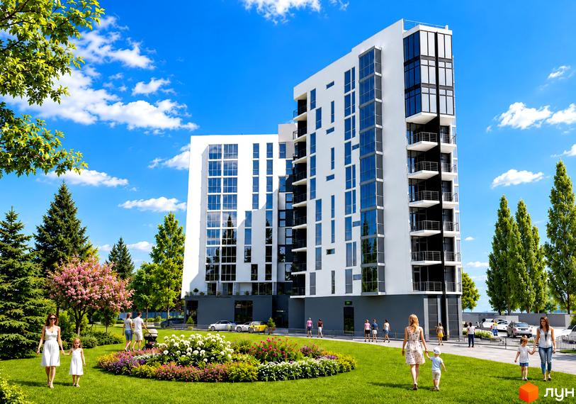 Білі будинки новобудови ЖК GOLDEN CITY з темними балконами та облаштованою зеленою прибудинковою територією.