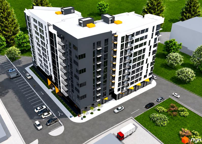 Житловий комплекс GOLDEN CITY: біло-сірий багатоповерховий дім з балконами та наземний паркінг навколо.