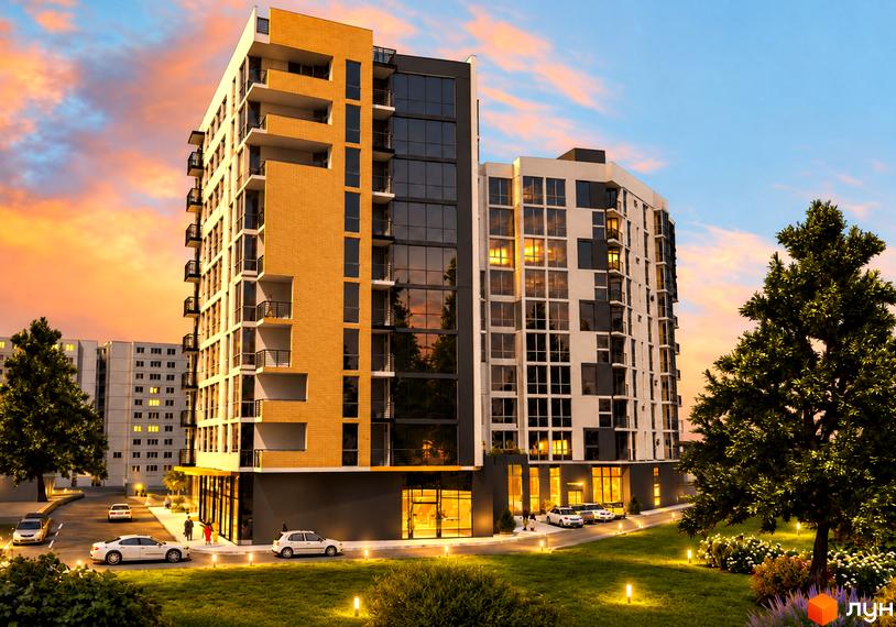 Житловий комплекс GOLDEN CITY: фасад багатоповерхового будинку з балконами, парковка та доглянутий дзон з деревами.