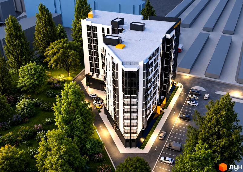 Рендер новобудови GOLDEN CITY із чорно-білим фасадом, балконами та парковкою.