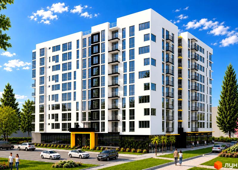 Новобудова ЖК GOLDEN CITY з білими балконами та чорними вертикальними вставками біля облаштованого паркінгу.