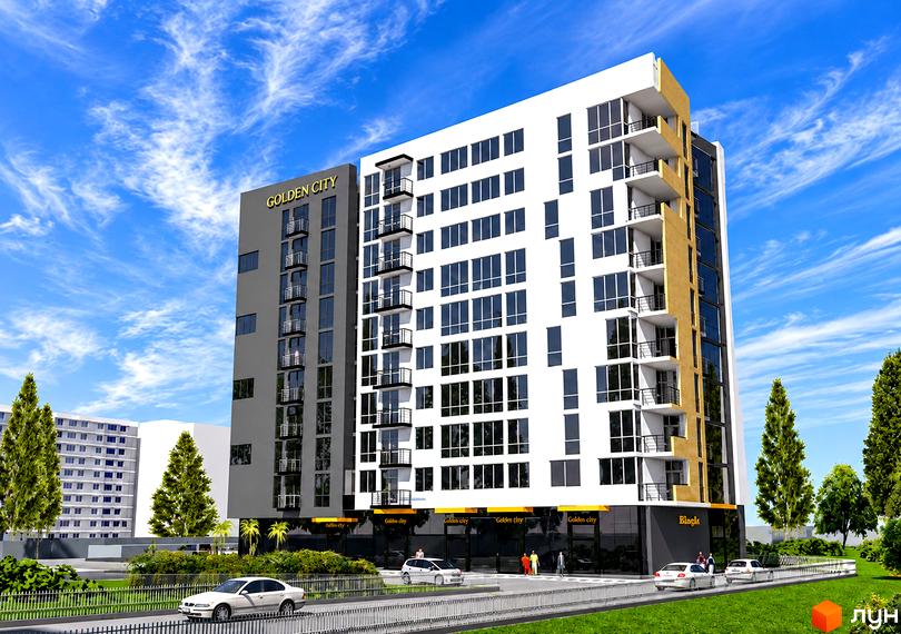 Архітектура новобудови ЖК GOLDEN CITY з балконами та навколишня прибудинкова територія