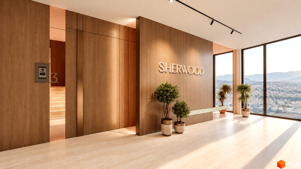 Інтер'єр лобі котеджного містечка КМ SHERWOOD з дерев'яними стінами та панорамними вікнами.