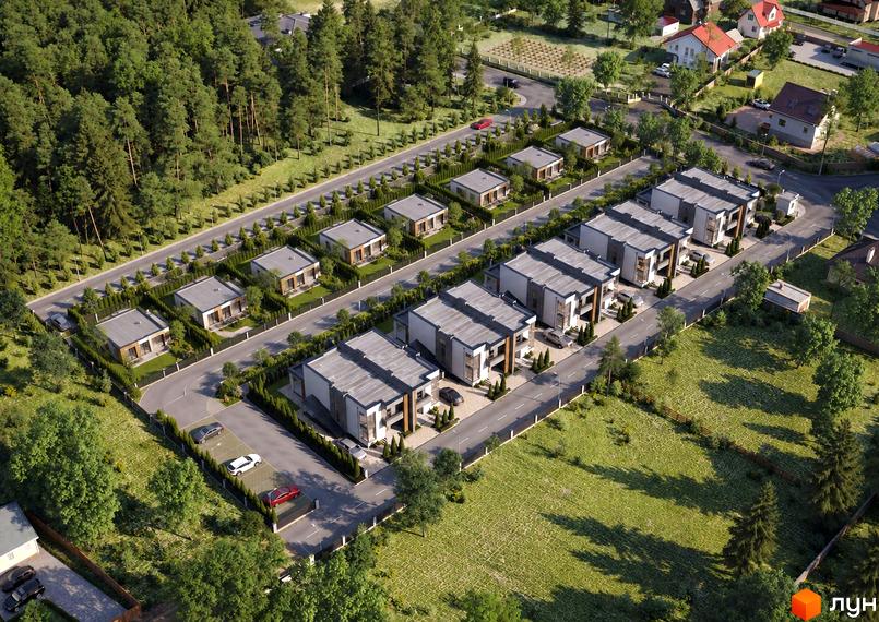 Котеджне містечко КМ Dream House з двоповерховими будинками та зеленими подвір'ями.