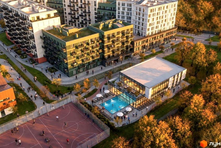 Житловий комплекс Resident State з багатоповерховими будинками, басейном, спортивним майданчиком та зеленими зонами.