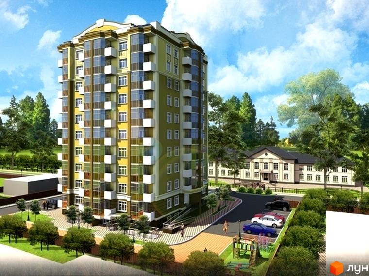 Зображення Житлового комплексу Дипломат. Багатоповерховий будинок з балконами, поруч зелена територія, парковка та дитячий майданчик.