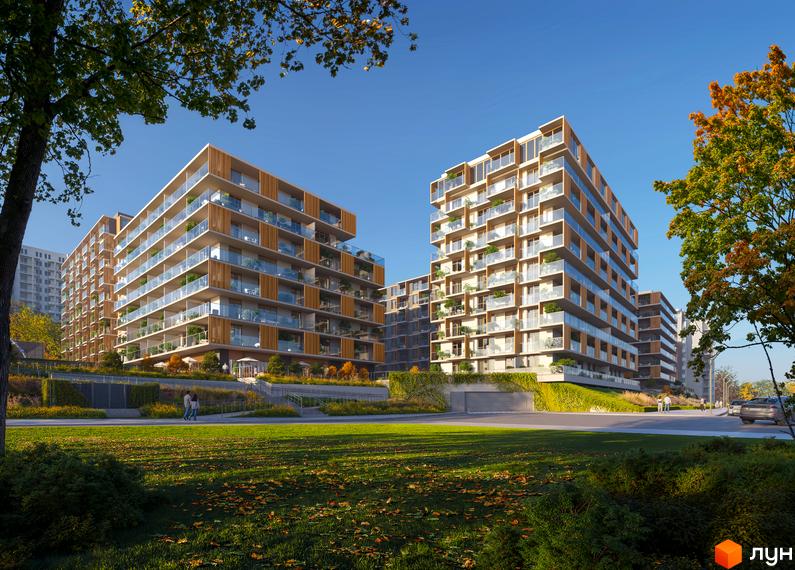 Новобудова ЖК GLOBUS 80/20 з панорамними балконами та каскадною прибудинковою територією, засадженою газонами і деревами.